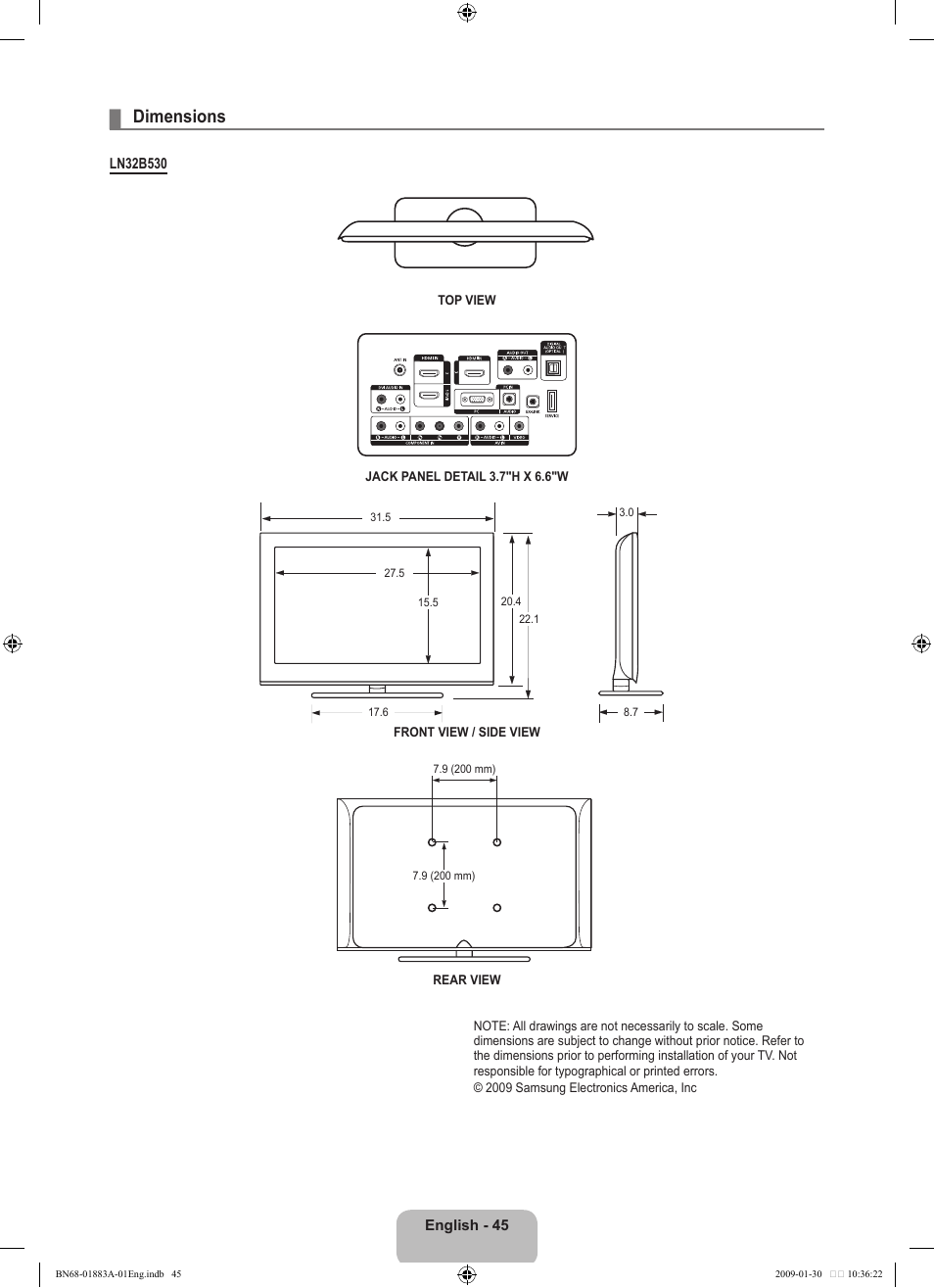 Dimensions | Samsung LN52B530P7FXZA User Manual | Page 47 / 101