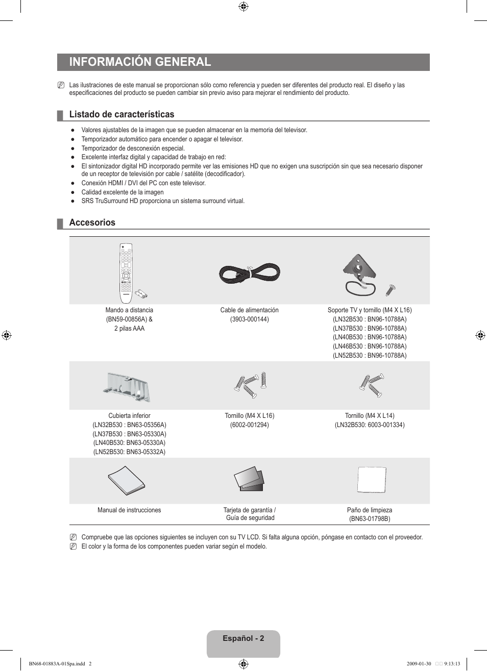 Información general, Listado de características, Accesorios | Samsung LN52B530P7FXZA User Manual | Page 54 / 101