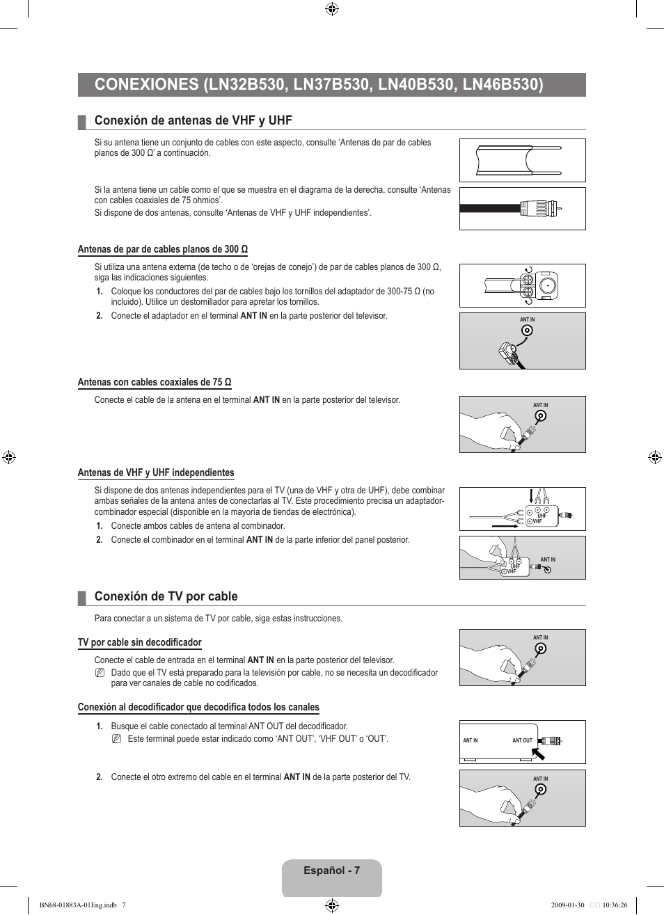 Conexión de antenas de vhf y uhf, Conexión de tv por cable | Samsung LN52B530P7FXZA User Manual | Page 59 / 101