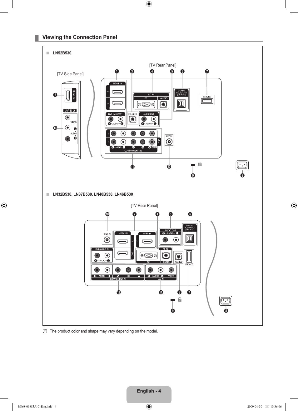 Viewing the connection panel | Samsung LN52B530P7FXZA User Manual | Page 6 / 101