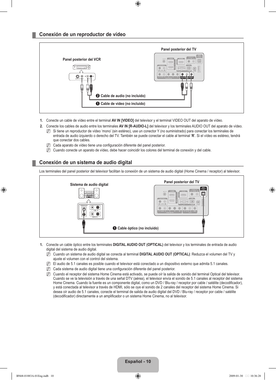 Conexión de un reproductor de vídeo, Conexión de un sistema de audio digital | Samsung LN52B530P7FXZA User Manual | Page 62 / 101