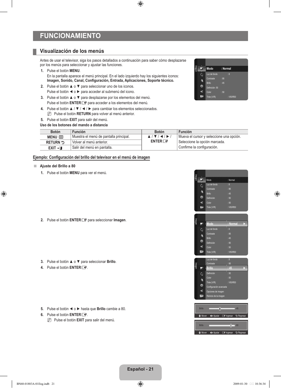 Funcionamiento, Visualización de los menús, Español - 21 | Samsung LN52B530P7FXZA User Manual | Page 73 / 101