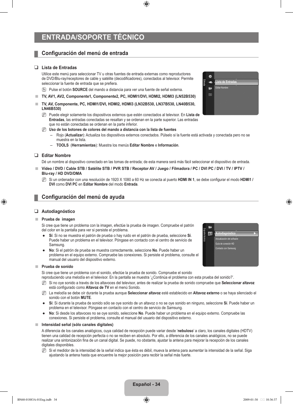 Entrada/soporte técnico, Configuración del menú de entrada, Configuración del menú de ayuda | Samsung LN52B530P7FXZA User Manual | Page 86 / 101