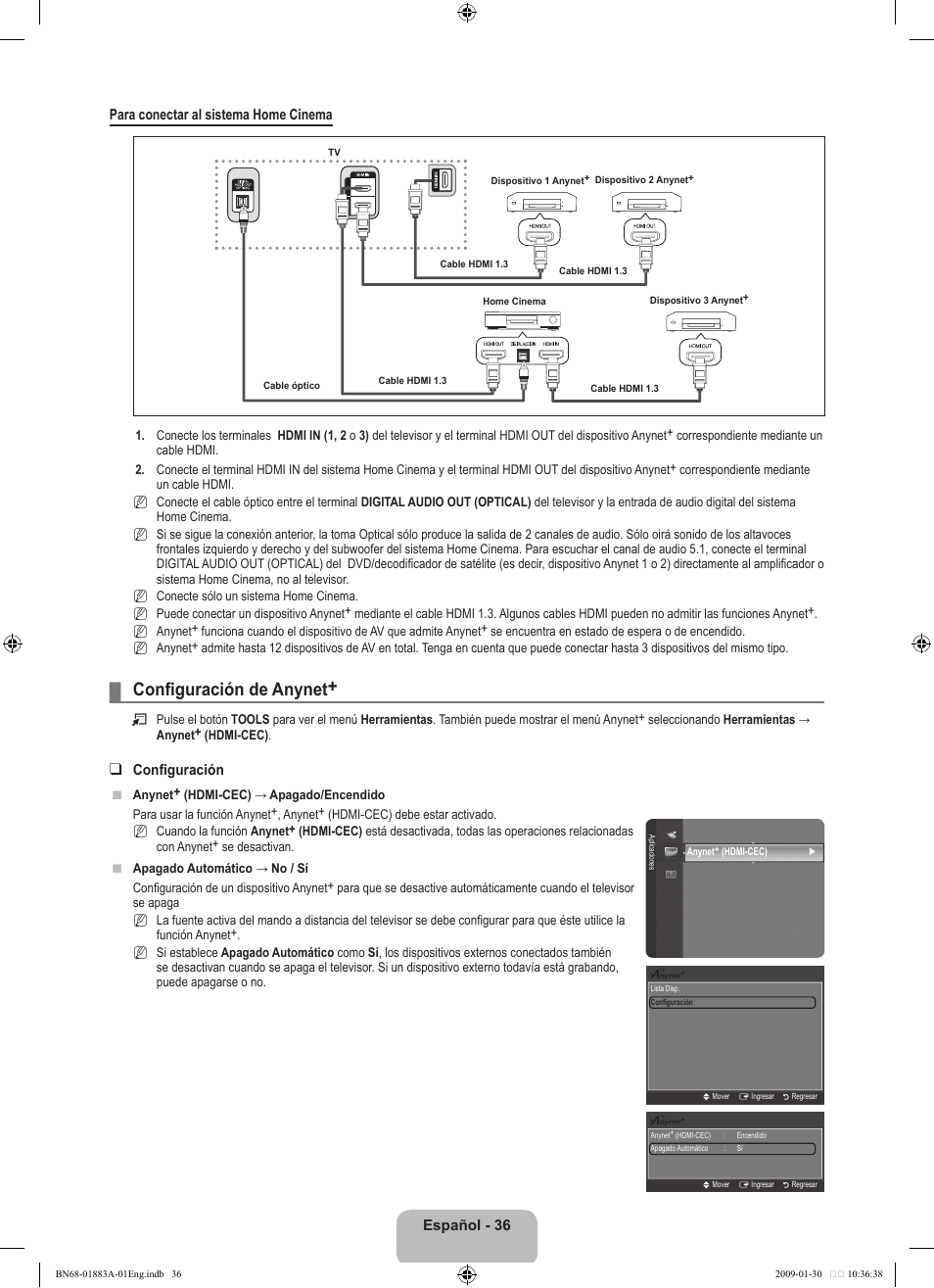 Confi guración de anynet, Español - 36 para conectar al sistema home cinema, Confi guración | Samsung LN52B530P7FXZA User Manual | Page 88 / 101