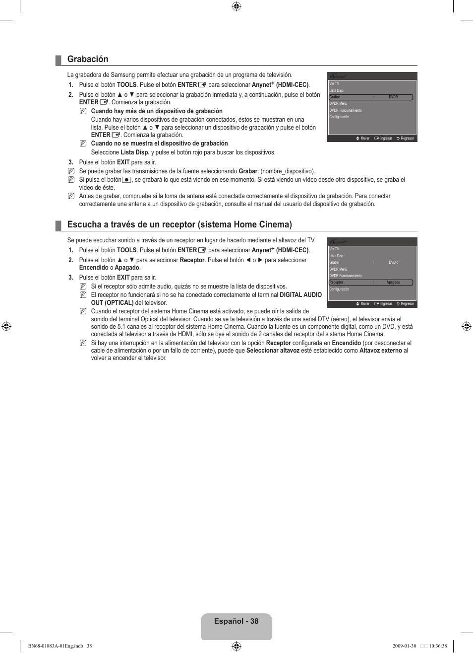 Grabación, Español - 38 | Samsung LN52B530P7FXZA User Manual | Page 90 / 101