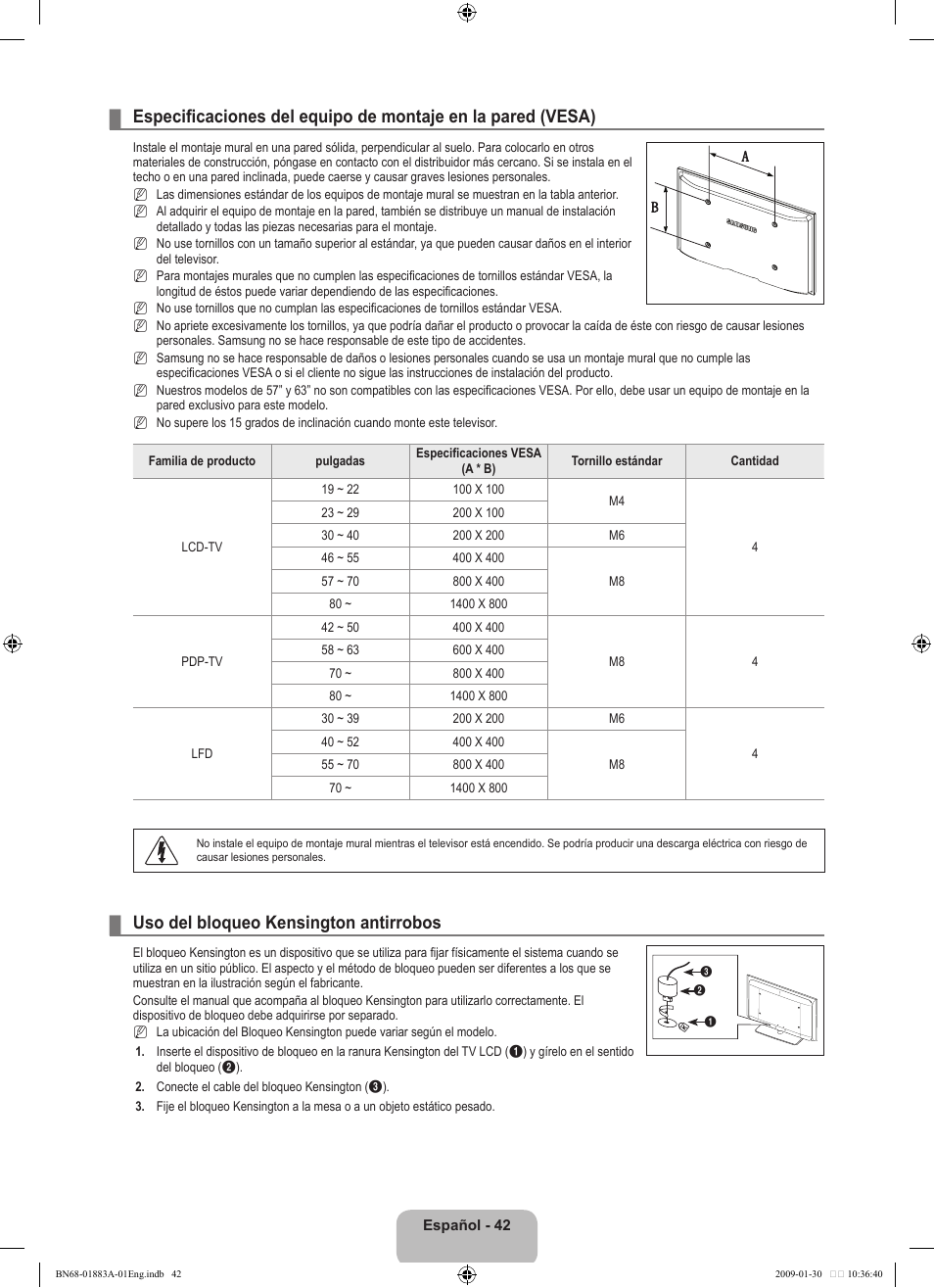 Uso del bloqueo kensington antirrobos | Samsung LN52B530P7FXZA User Manual | Page 94 / 101