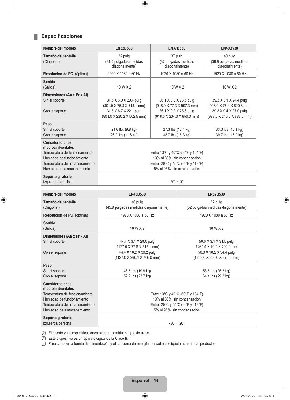 Especificaciones | Samsung LN52B530P7FXZA User Manual | Page 96 / 101