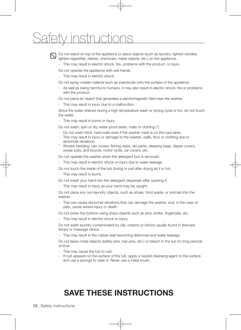 Safety instructions, Save these instructions | Samsung WF457ARGSGR-AA User Manual | Page 10 / 228