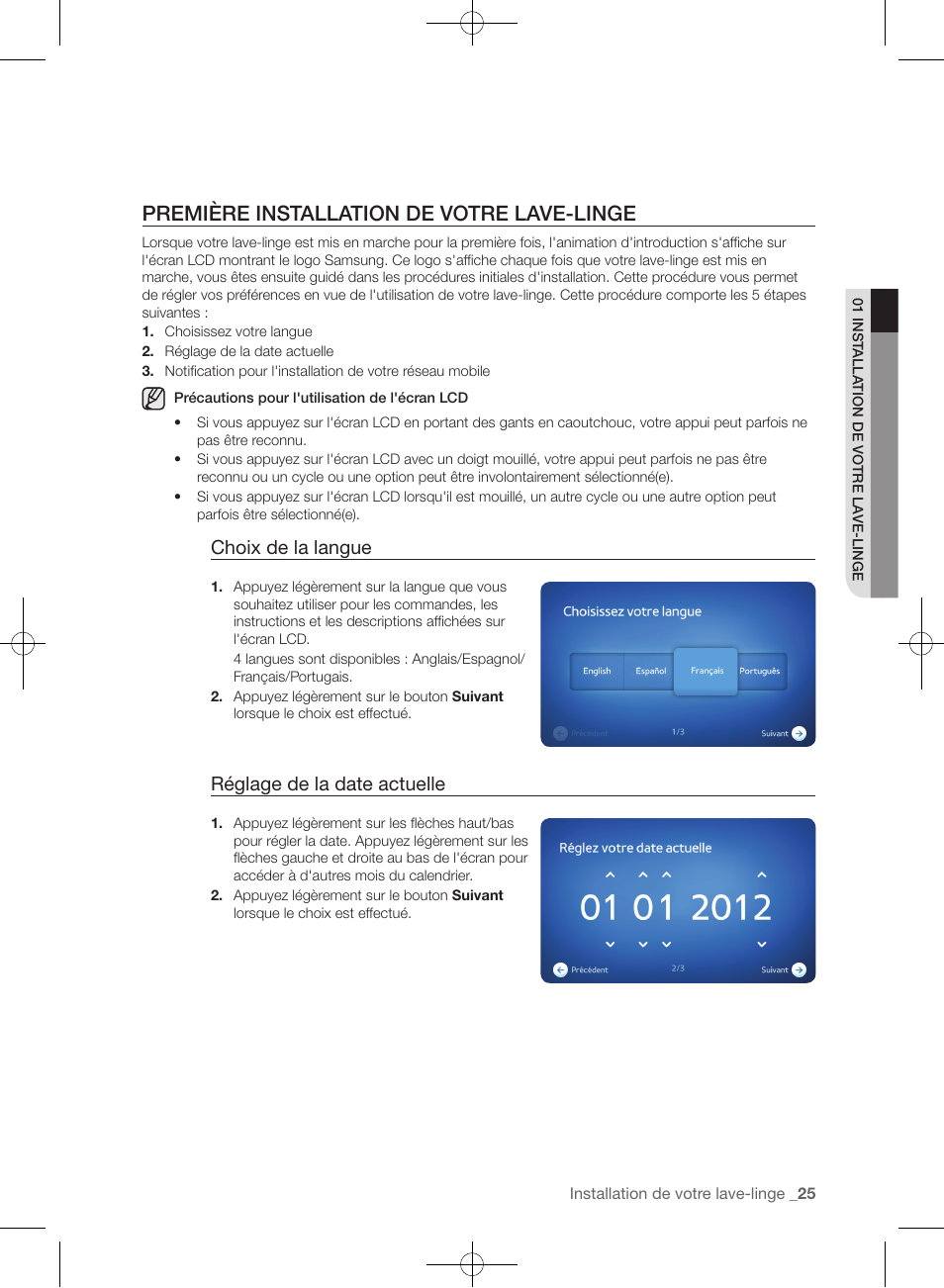 Première installation de votre lave-linge, Choix de la langue, Réglage de la date actuelle | Samsung WF457ARGSGR-AA User Manual | Page 101 / 228