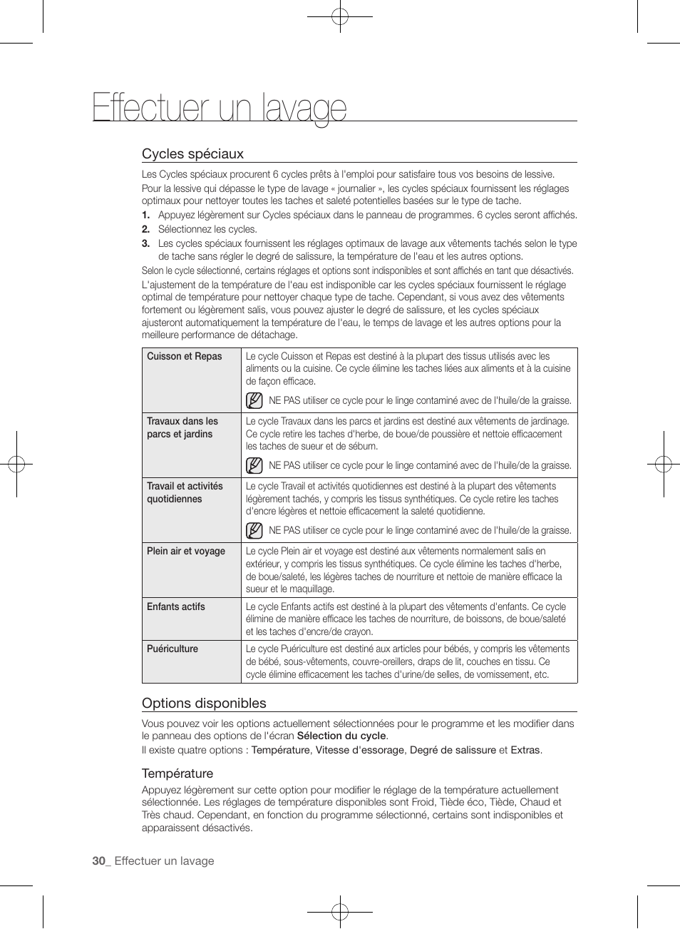 Effectuer un lavage, Cycles spéciaux, Options disponibles | Samsung WF457ARGSGR-AA User Manual | Page 106 / 228