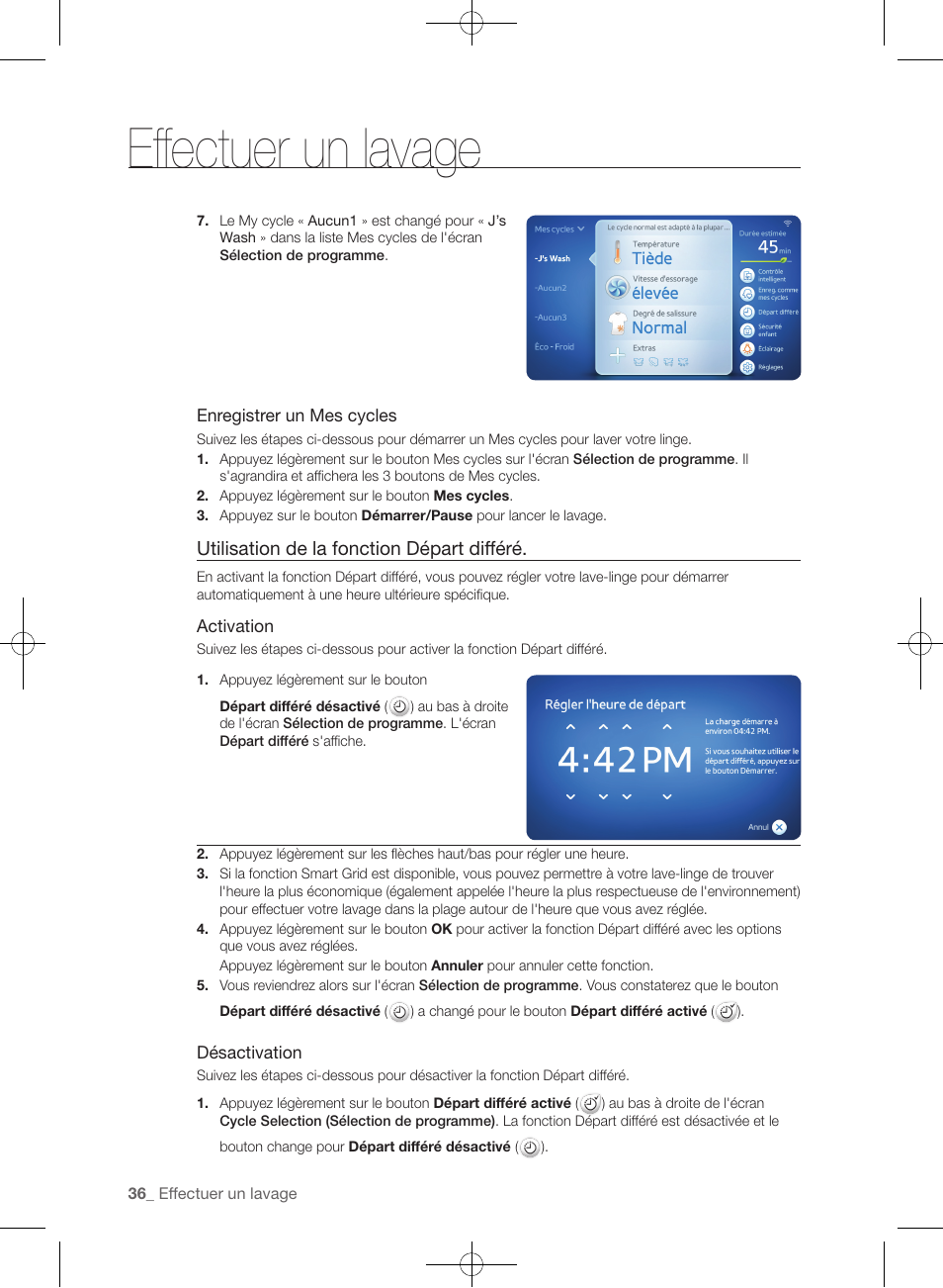Effectuer un lavage, Utilisation de la fonction départ différé | Samsung WF457ARGSGR-AA User Manual | Page 112 / 228