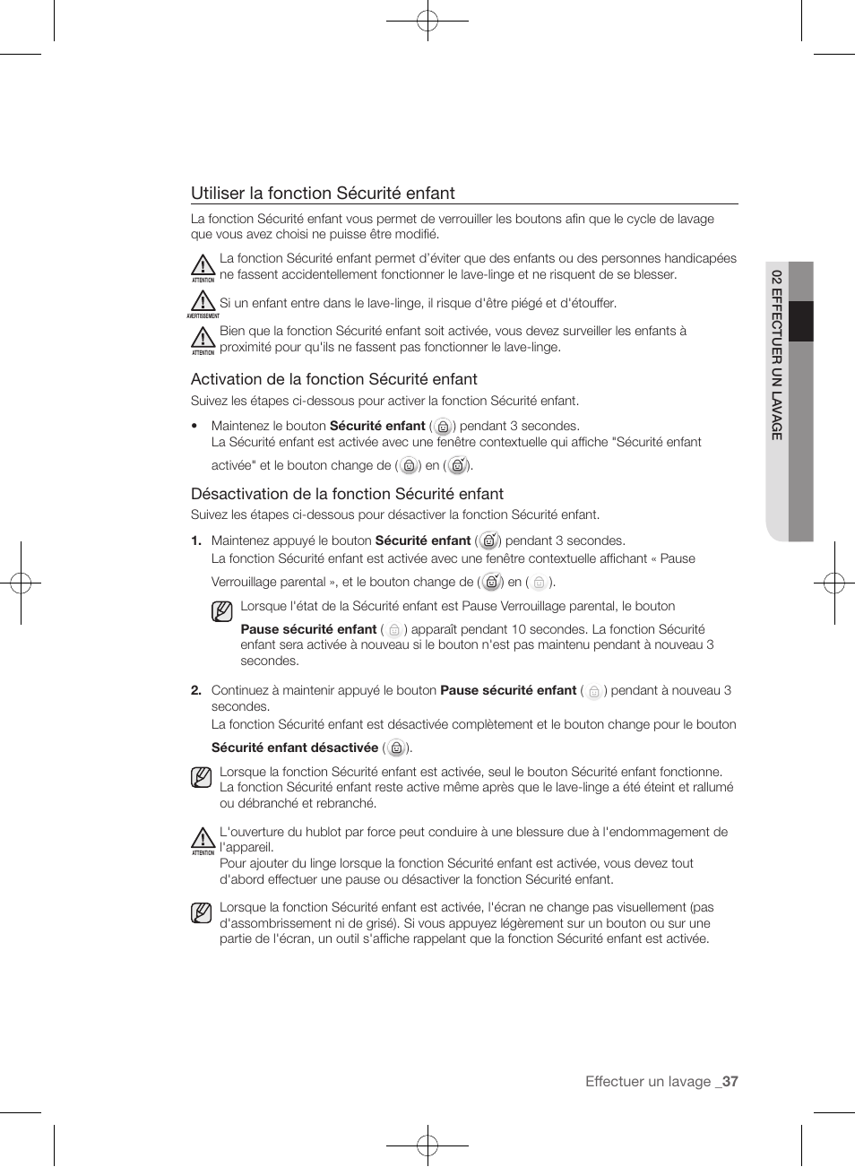 Utiliser la fonction sécurité enfant, Activation de la fonction sécurité enfant, Désactivation de la fonction sécurité enfant | Samsung WF457ARGSGR-AA User Manual | Page 113 / 228
