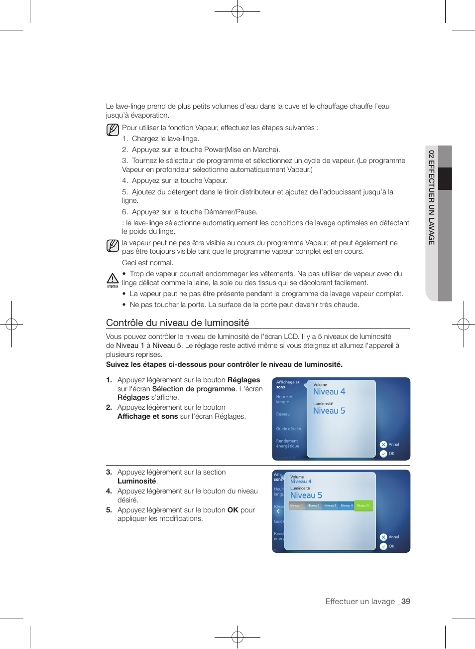 Contrôle du niveau de luminosité | Samsung WF457ARGSGR-AA User Manual | Page 115 / 228