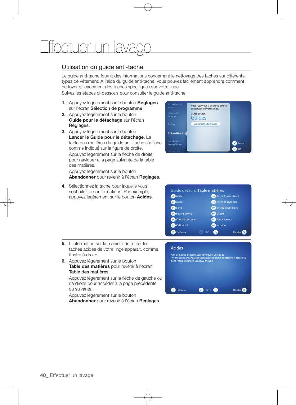 Effectuer un lavage, Utilisation du guide anti-tache | Samsung WF457ARGSGR-AA User Manual | Page 116 / 228