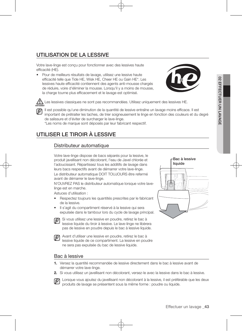Utilisation de la lessive, Utiliser le tiroir à lessive, Distributeur automatique | Bac à lessive | Samsung WF457ARGSGR-AA User Manual | Page 119 / 228