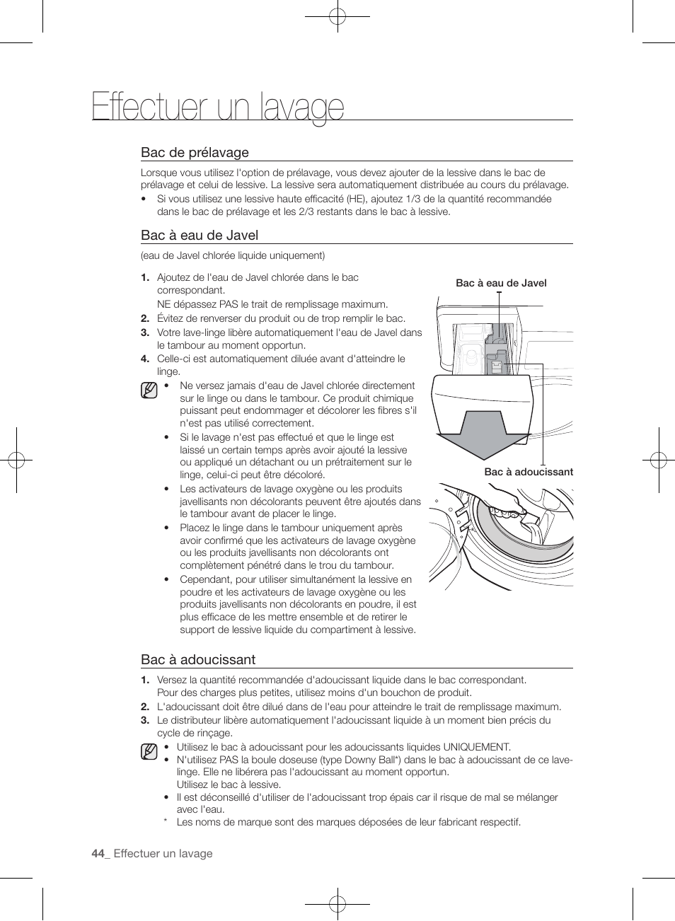 Effectuer un lavage, Bac de prélavage, Bac à eau de javel | Bac à adoucissant | Samsung WF457ARGSGR-AA User Manual | Page 120 / 228