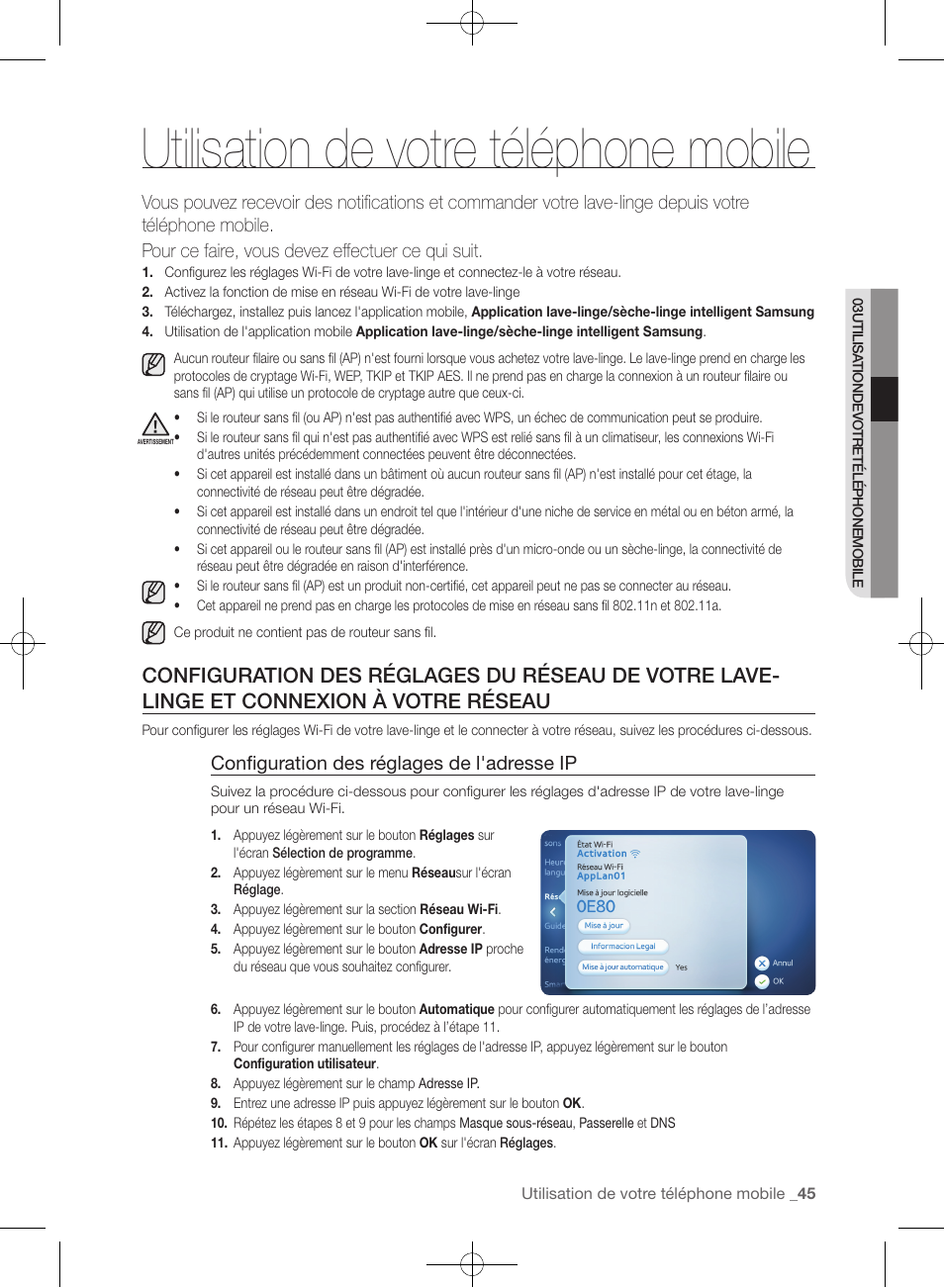 Utilisation de votre téléphone mobile, Configuration des réglages de l'adresse ip | Samsung WF457ARGSGR-AA User Manual | Page 121 / 228