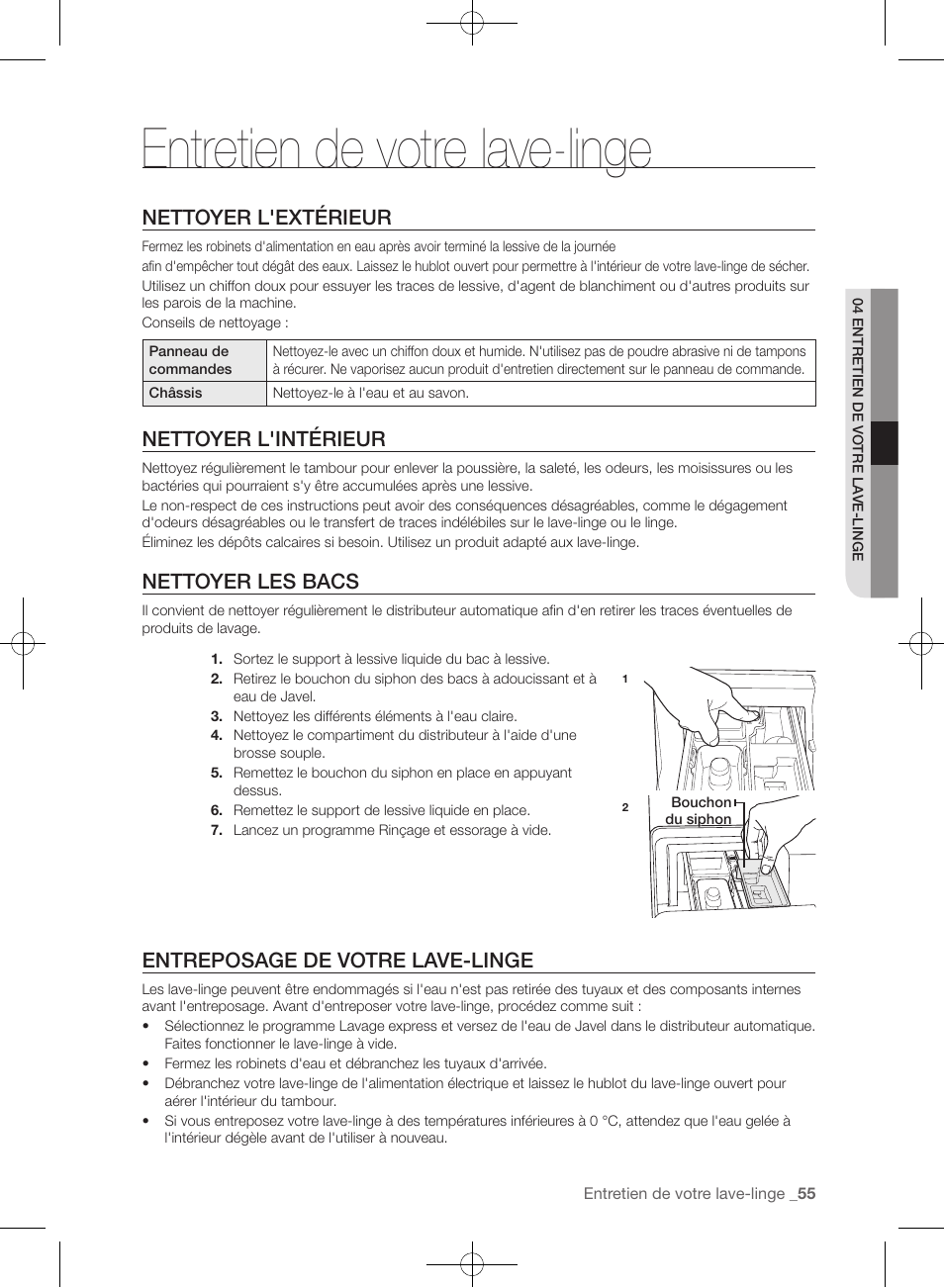 Entretien de votre lave-linge, Nettoyer l'extérieur, Nettoyer l'intérieur | Nettoyer les bacs, Entreposage de votre lave-linge | Samsung WF457ARGSGR-AA User Manual | Page 131 / 228