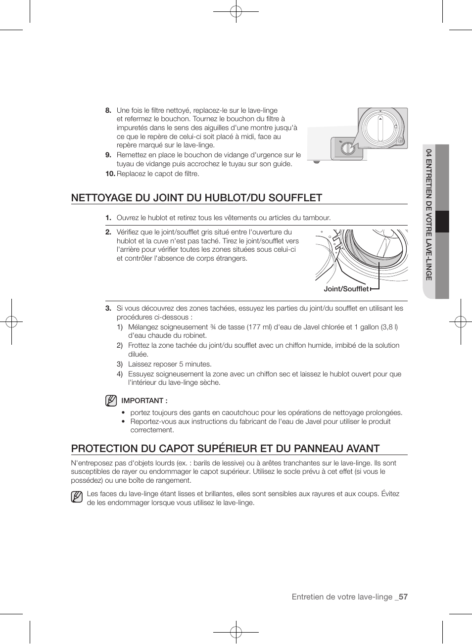Nettoyage du joint du hublot/du soufflet, Protection du capot supérieur et du panneau avant | Samsung WF457ARGSGR-AA User Manual | Page 133 / 228