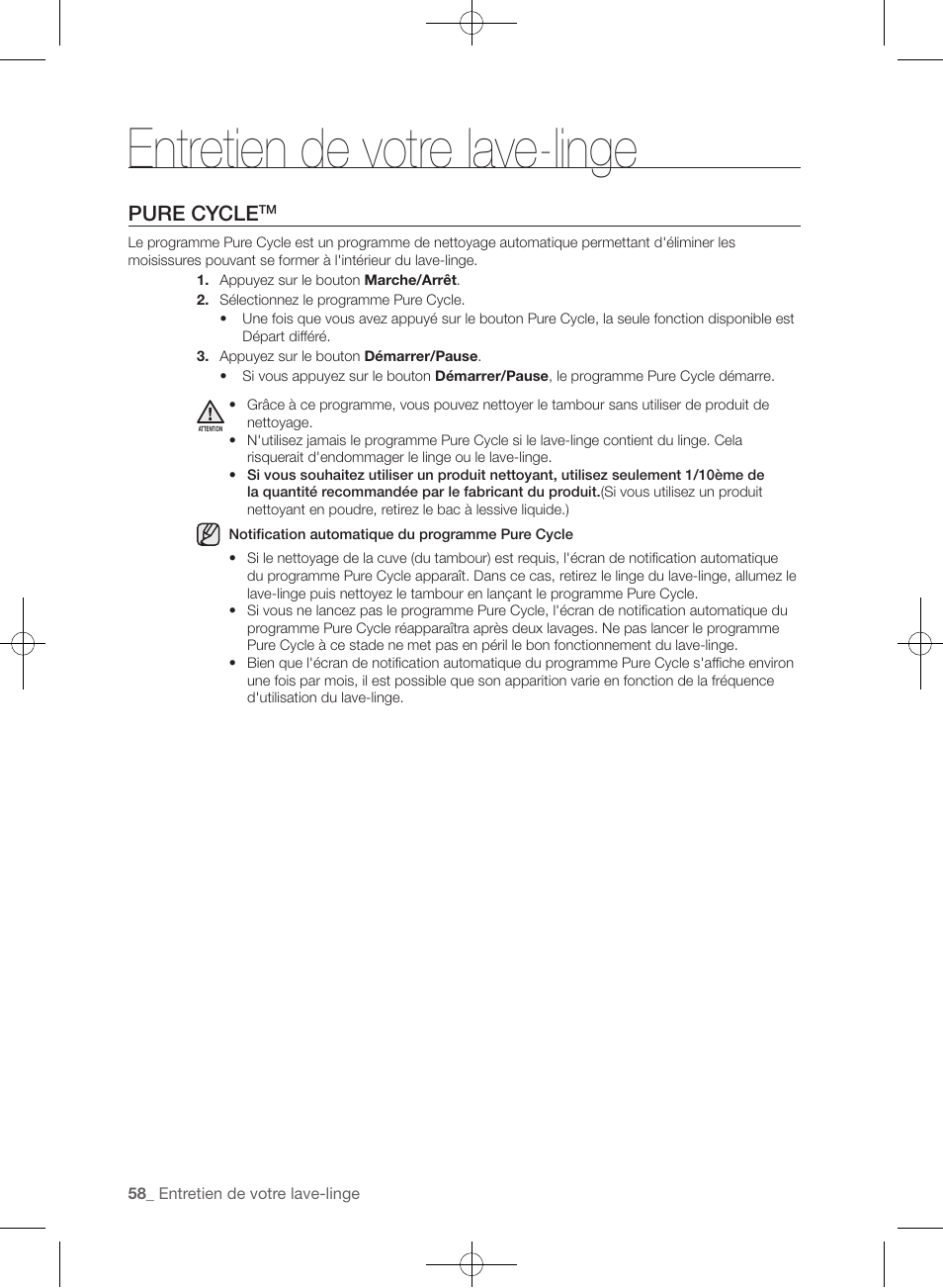 Entretien de votre lave-linge, Pure cycle | Samsung WF457ARGSGR-AA User Manual | Page 134 / 228