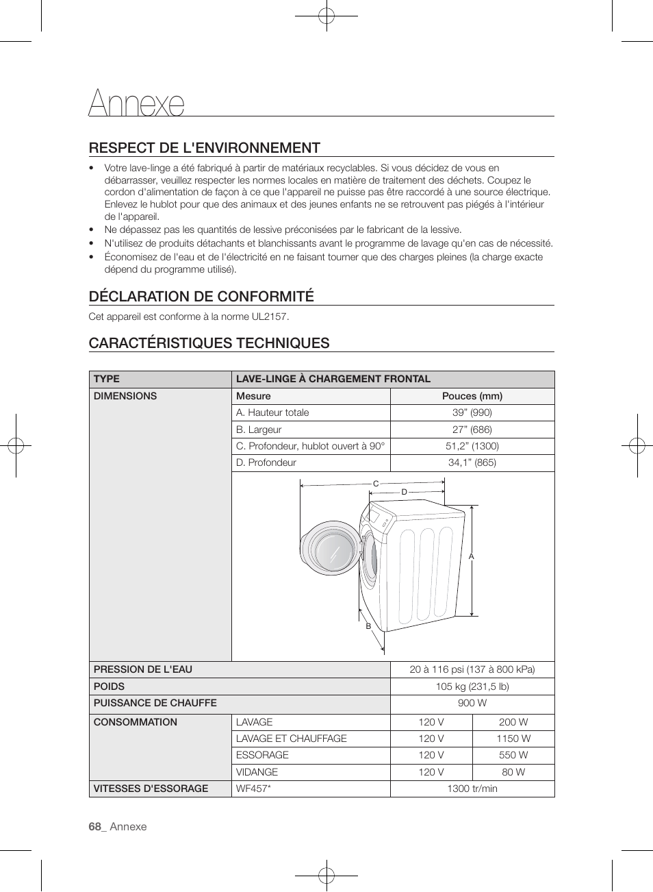Annexe, Respect de l'environnement, Déclaration de conformité | Caractéristiques techniques | Samsung WF457ARGSGR-AA User Manual | Page 144 / 228