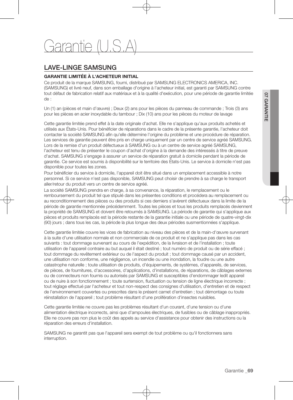 Garantie (u.s.a), Lave-linge samsung | Samsung WF457ARGSGR-AA User Manual | Page 145 / 228