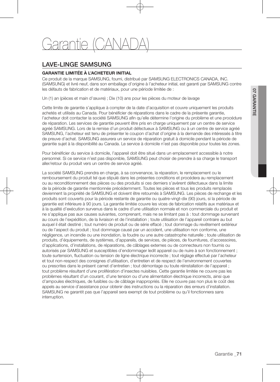 Garantie (canada), Lave-linge samsung | Samsung WF457ARGSGR-AA User Manual | Page 147 / 228