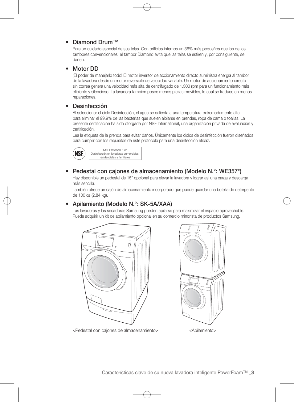 Diamond drum, Motor dd, Desinfección | Apilamiento (modelo n.°: sk-5a/xaa) | Samsung WF457ARGSGR-AA User Manual | Page 155 / 228