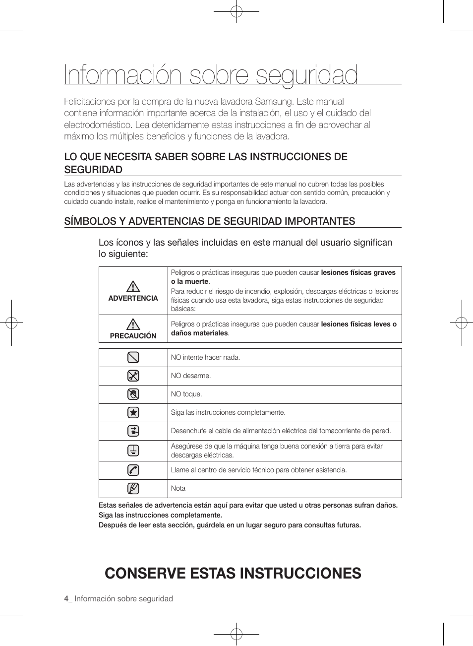Información sobre seguridad, Conserve estas instrucciones, Símbolos y advertencias de seguridad importantes | Samsung WF457ARGSGR-AA User Manual | Page 156 / 228