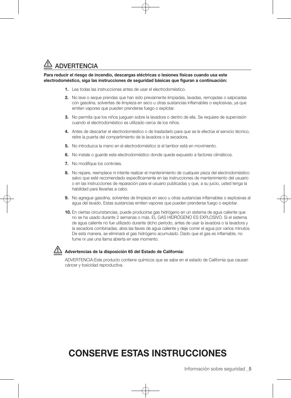 Conserve estas instrucciones, Advertencia | Samsung WF457ARGSGR-AA User Manual | Page 157 / 228