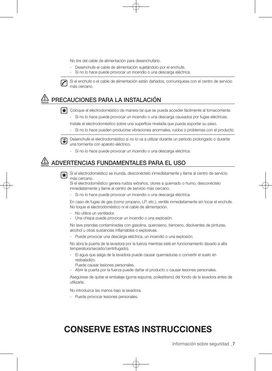 Conserve estas instrucciones, Precauciones para la instalación, Advertencias fundamentales para el uso | Samsung WF457ARGSGR-AA User Manual | Page 159 / 228
