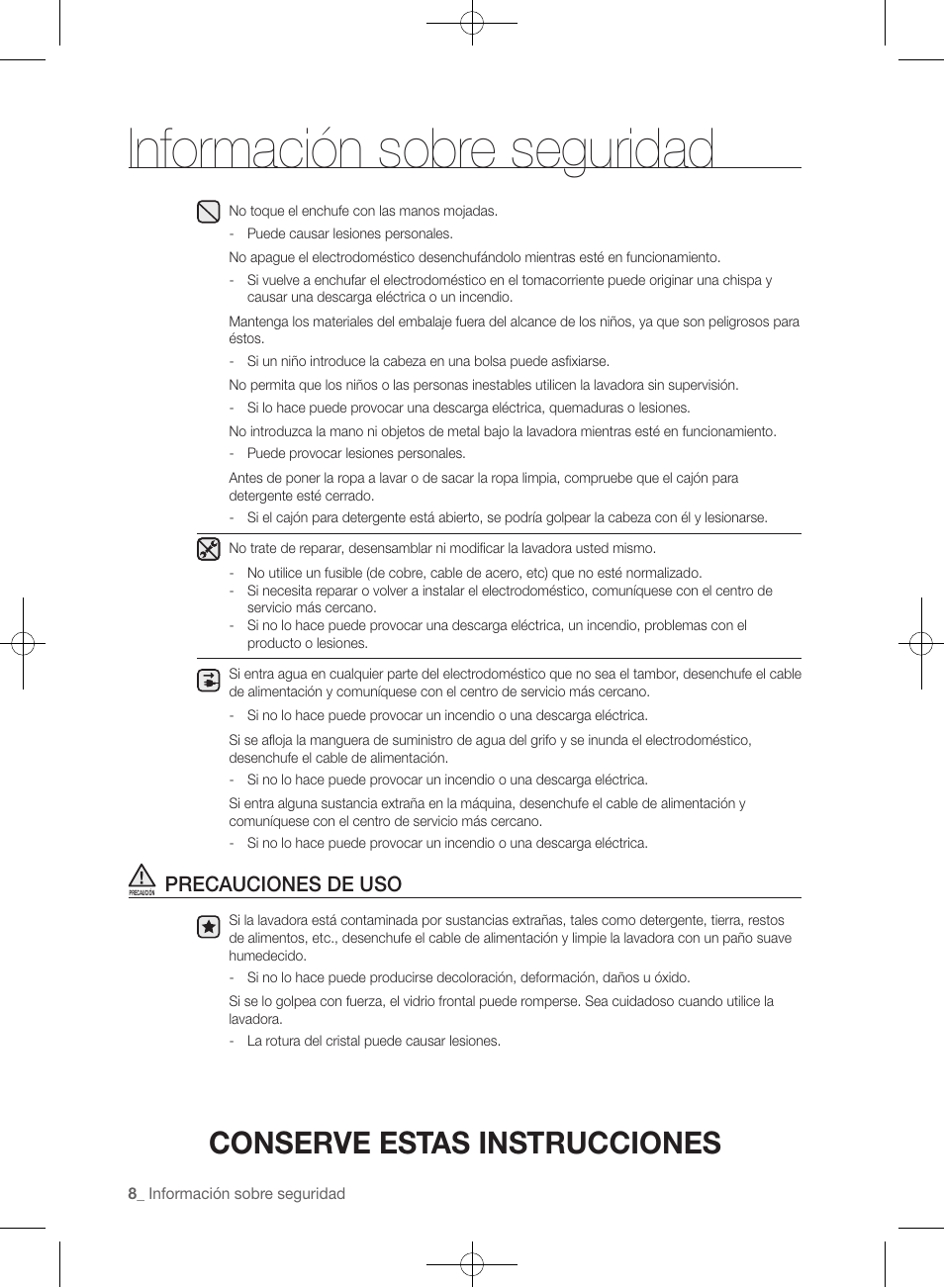 Información sobre seguridad, Conserve estas instrucciones, Precauciones de uso | Samsung WF457ARGSGR-AA User Manual | Page 160 / 228