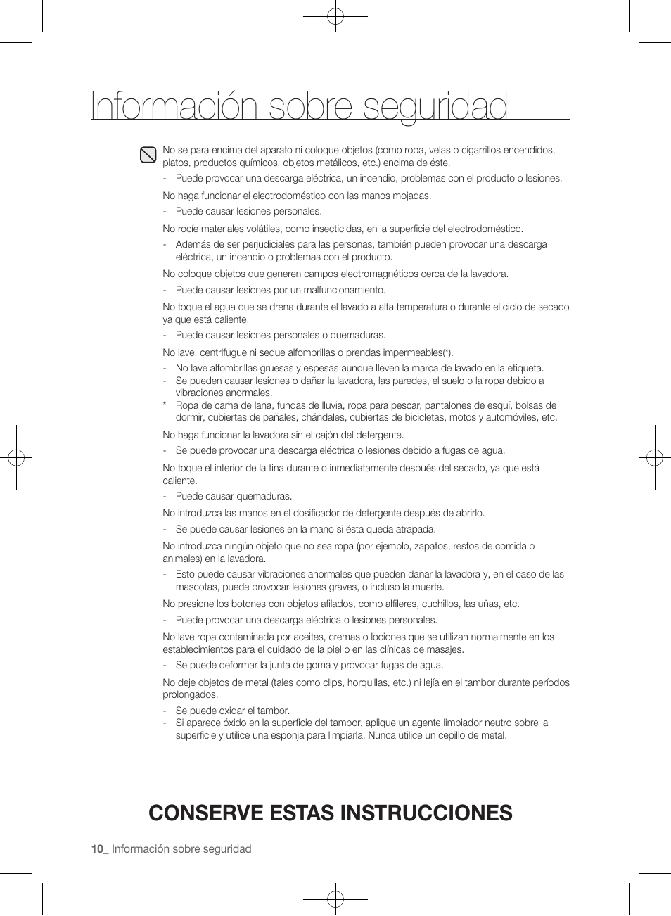 Información sobre seguridad, Conserve estas instrucciones | Samsung WF457ARGSGR-AA User Manual | Page 162 / 228