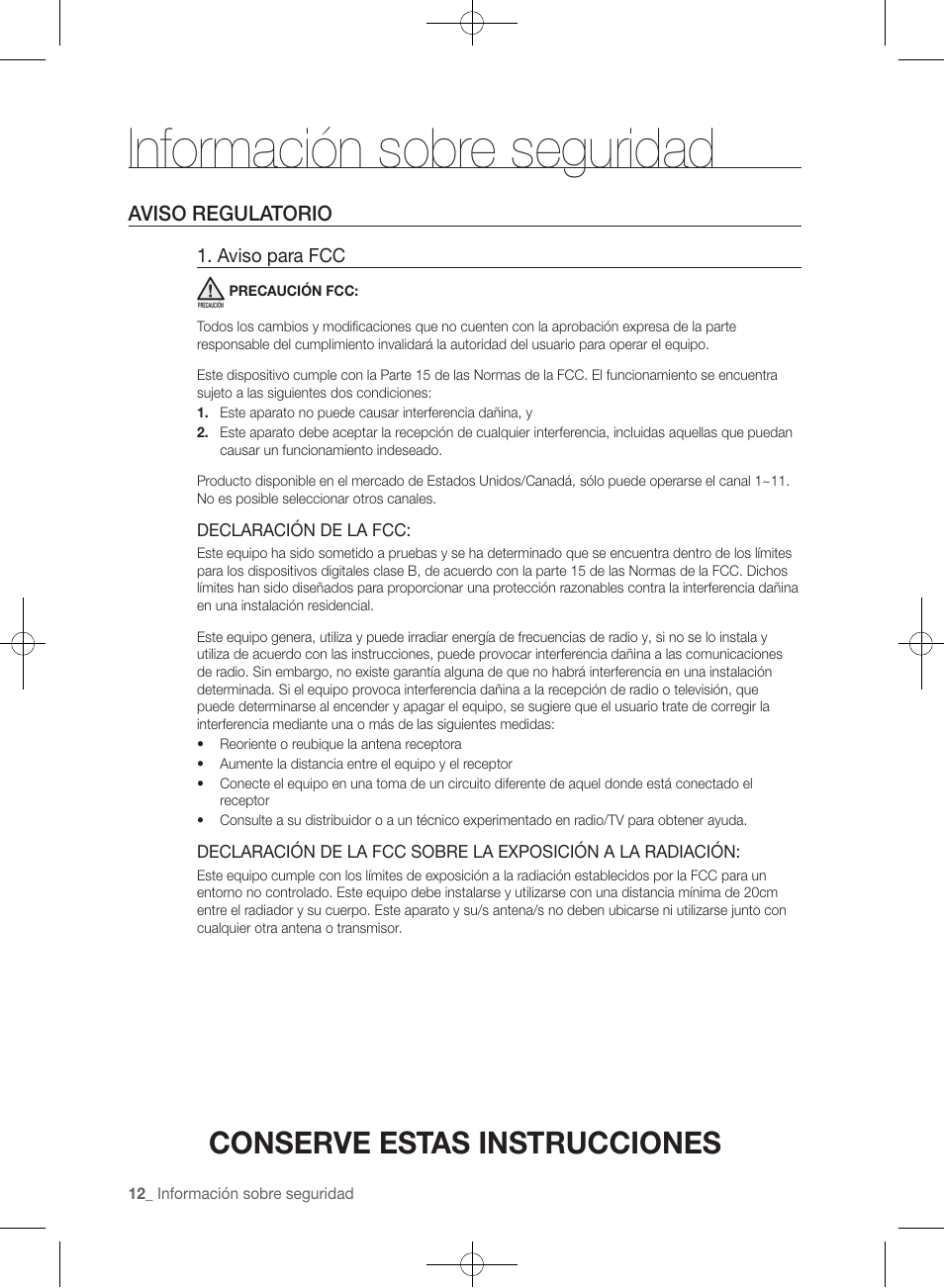 Información sobre seguridad, Conserve estas instrucciones, Aviso regulatorio | Samsung WF457ARGSGR-AA User Manual | Page 164 / 228