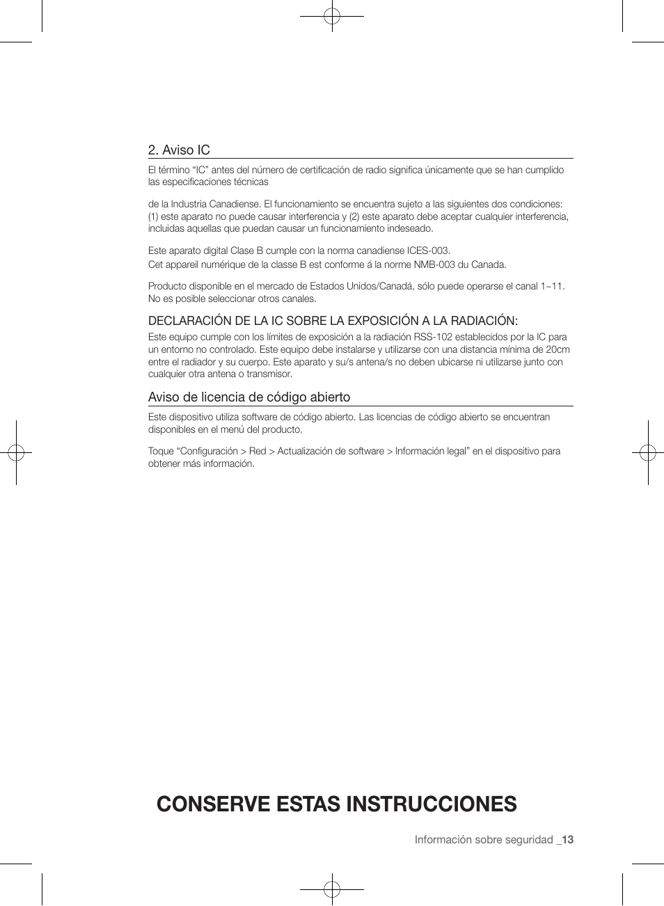 Conserve estas instrucciones, Aviso ic, Aviso de licencia de código abierto | Samsung WF457ARGSGR-AA User Manual | Page 165 / 228