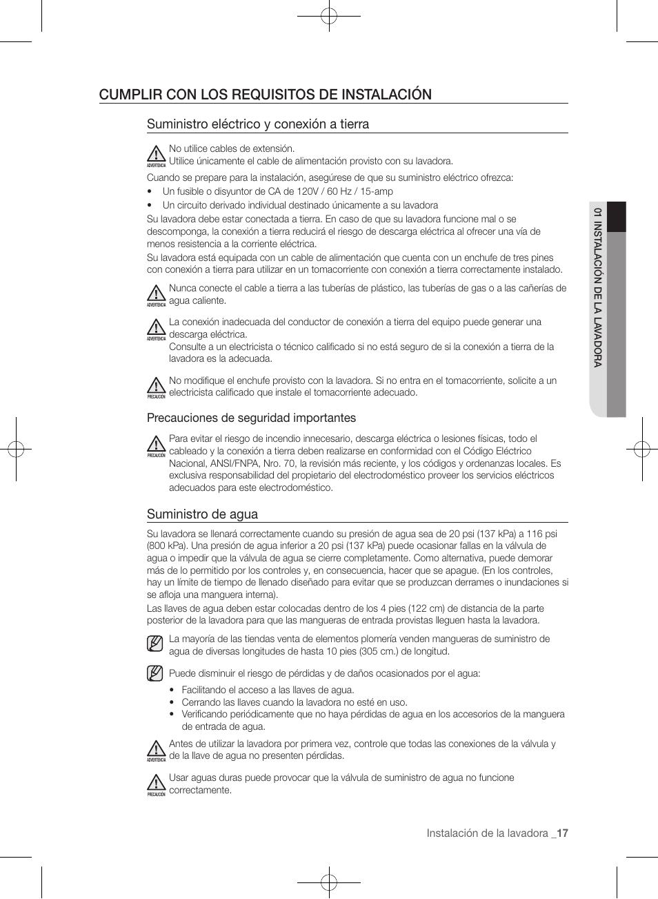 Cumplir con los requisitos de instalación, Suministro eléctrico y conexión a tierra, Suministro de agua | Precauciones de seguridad importantes | Samsung WF457ARGSGR-AA User Manual | Page 169 / 228