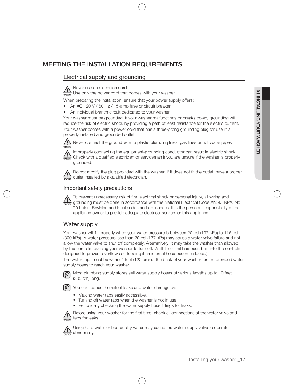 Meeting the installation requirements, Electrical supply and grounding, Water supply | Important safety precautions | Samsung WF457ARGSGR-AA User Manual | Page 17 / 228