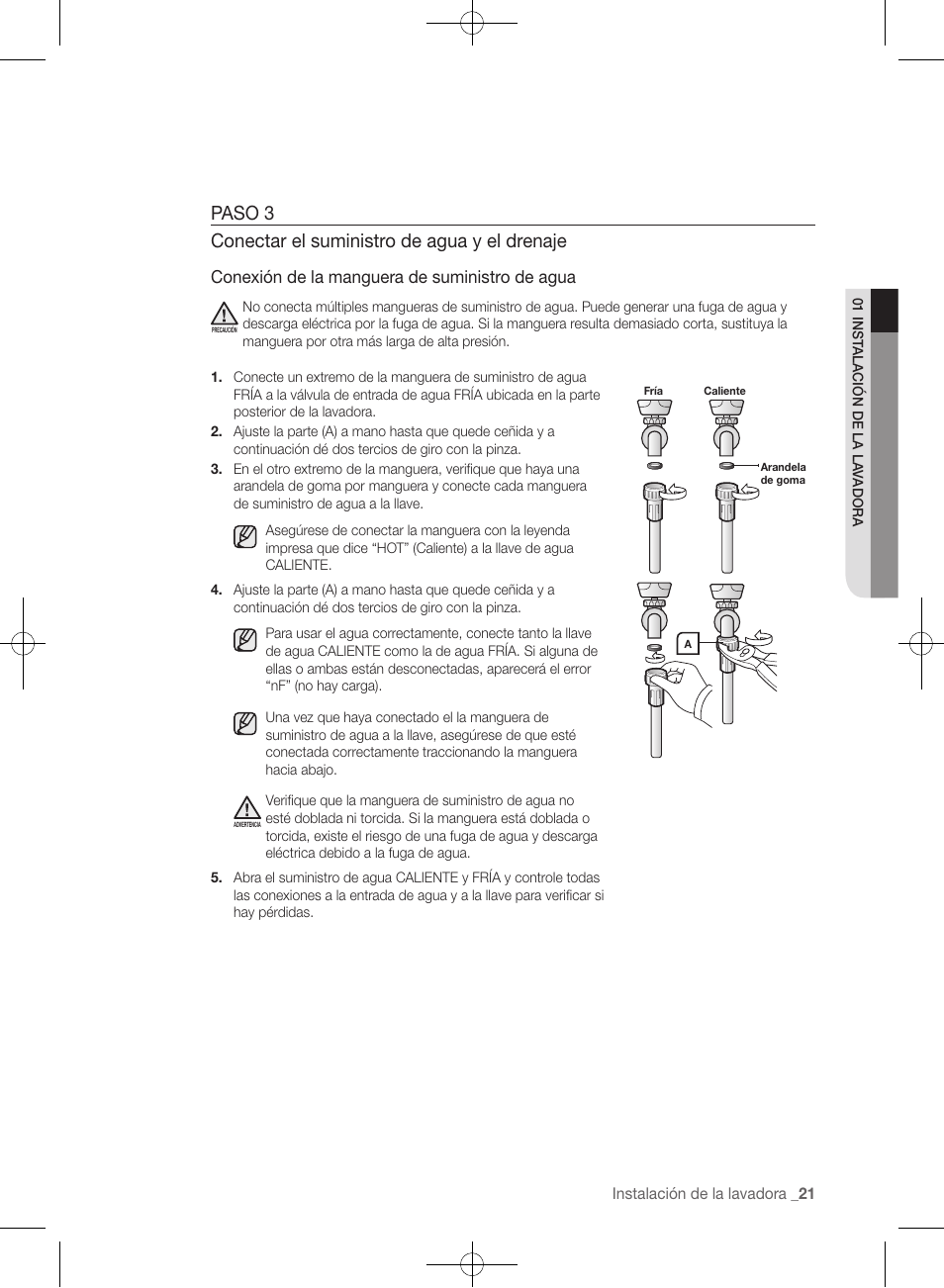 Paso 3 conectar el suministro de agua y el drenaje, Conexión de la manguera de suministro de agua | Samsung WF457ARGSGR-AA User Manual | Page 173 / 228
