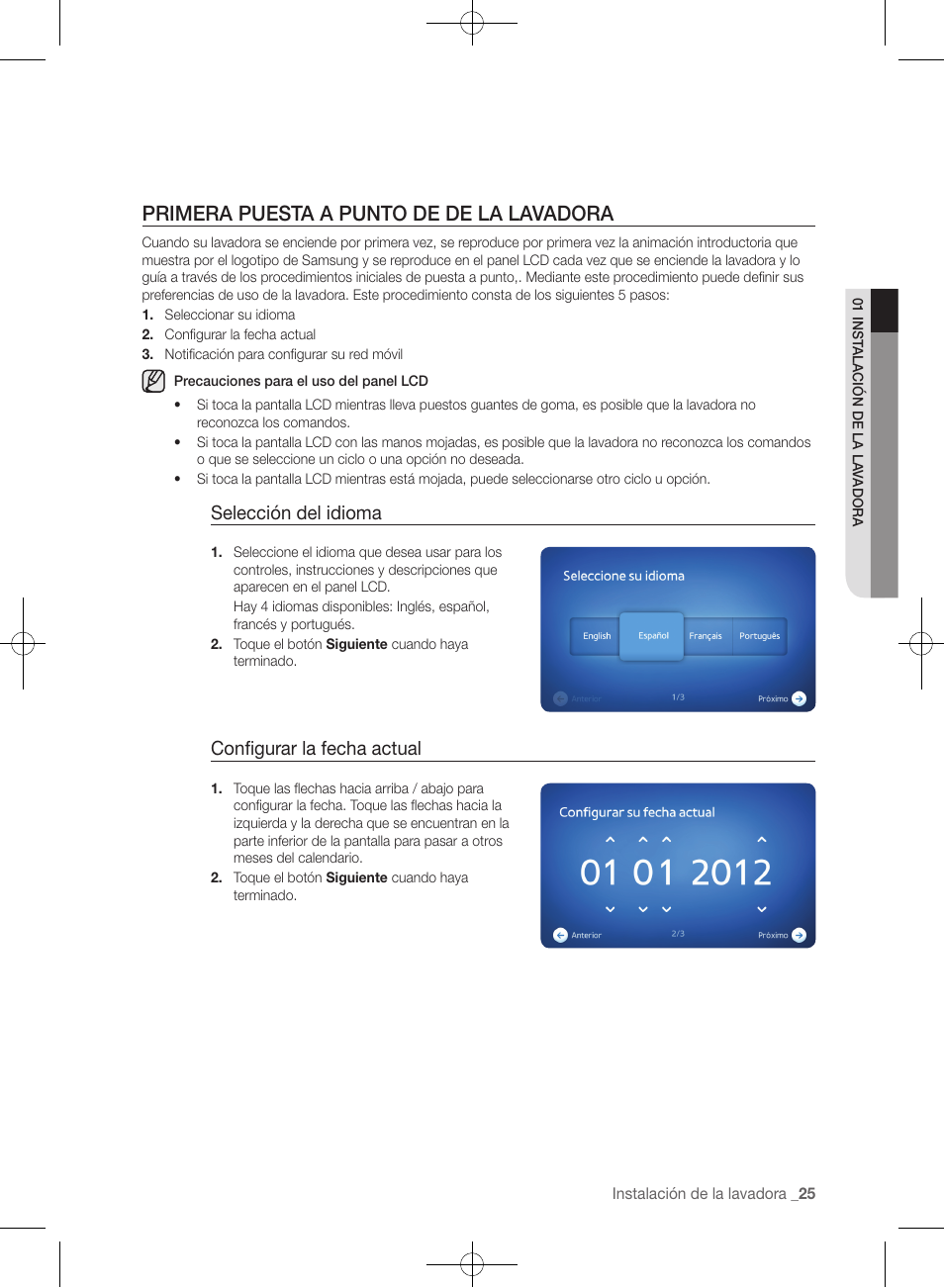Primera puesta a punto de de la lavadora, Selección del idioma, Configurar la fecha actual | Samsung WF457ARGSGR-AA User Manual | Page 177 / 228