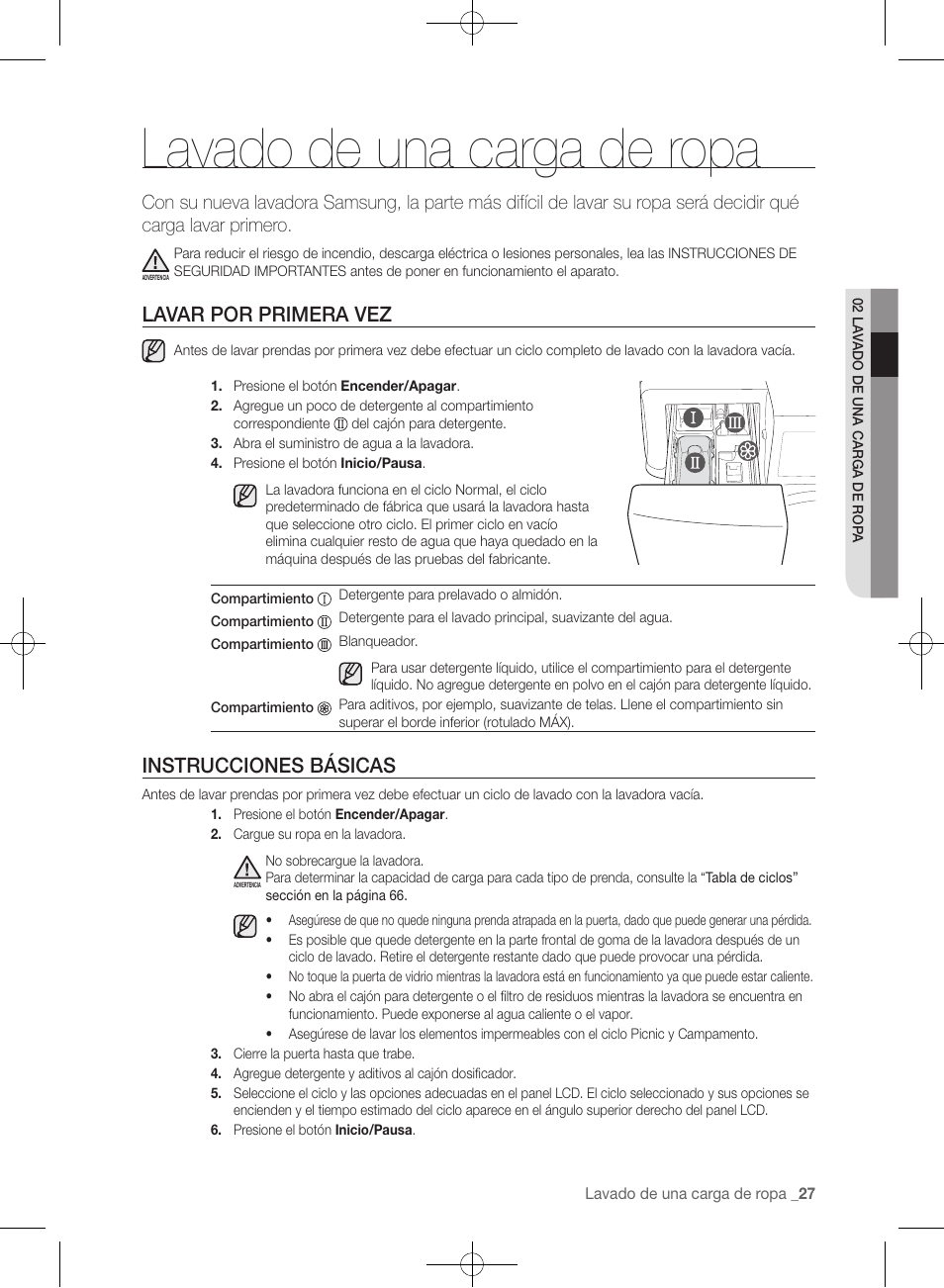 Lavado de una carga de ropa, Lavar por primera vez, Instrucciones básicas | Samsung WF457ARGSGR-AA User Manual | Page 179 / 228