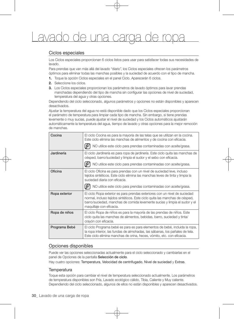 Lavado de una carga de ropa, Ciclos especiales, Opciones disponibles | Samsung WF457ARGSGR-AA User Manual | Page 182 / 228