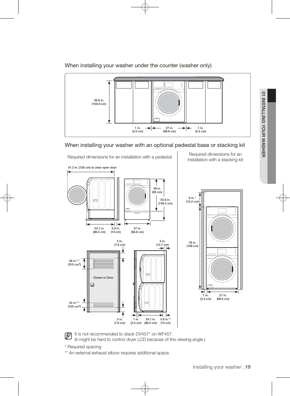 Installing your washer _ 19, 01 ins talling y our w asher | Samsung WF457ARGSGR-AA User Manual | Page 19 / 228