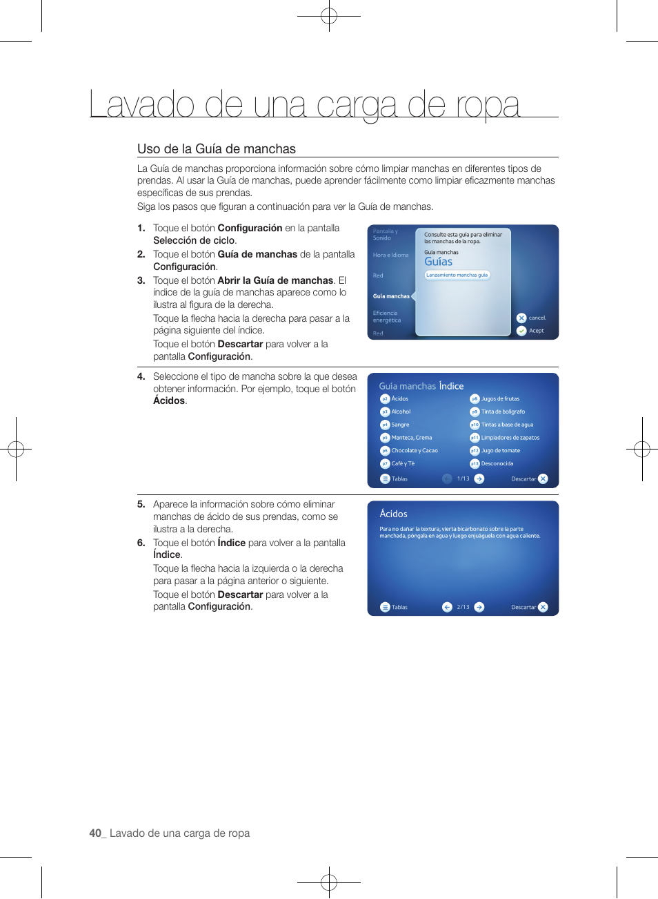 Lavado de una carga de ropa, Uso de la guía de manchas | Samsung WF457ARGSGR-AA User Manual | Page 192 / 228