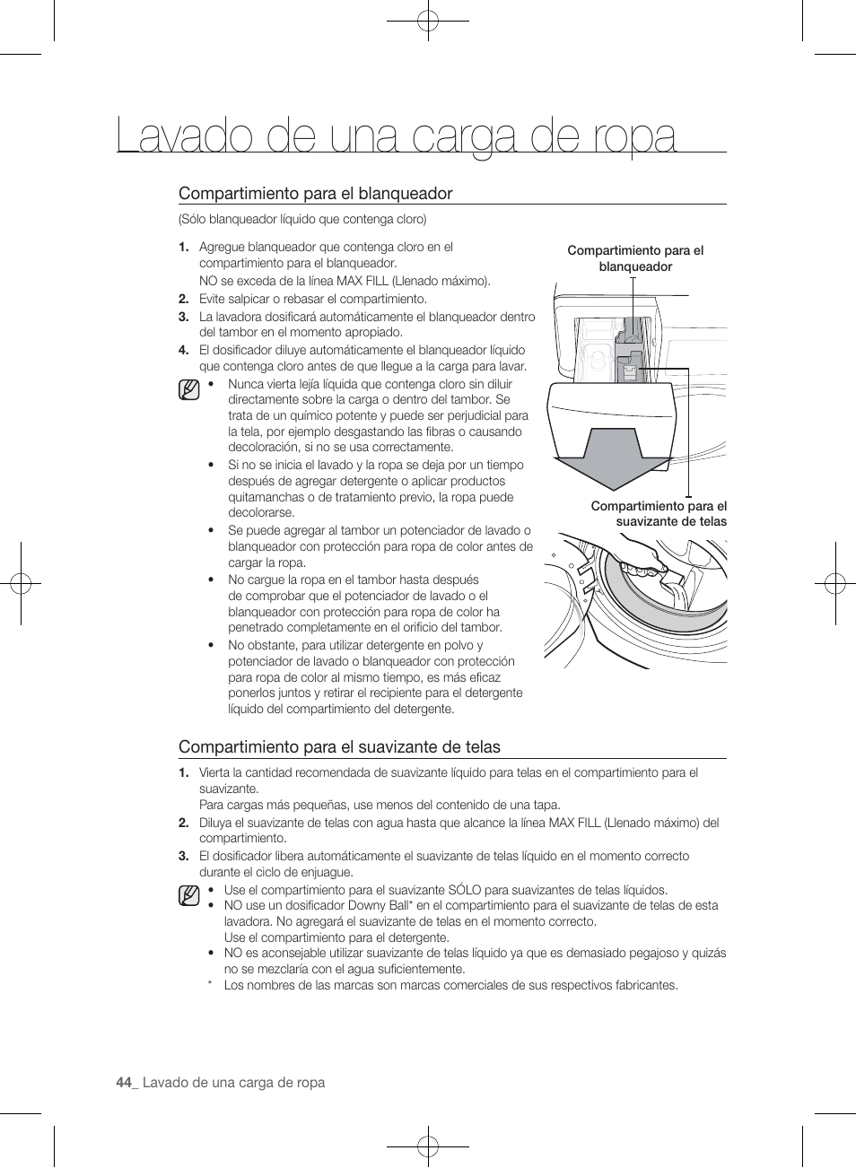 Lavado de una carga de ropa, Compartimiento para el blanqueador, Compartimiento para el suavizante de telas | Samsung WF457ARGSGR-AA User Manual | Page 196 / 228