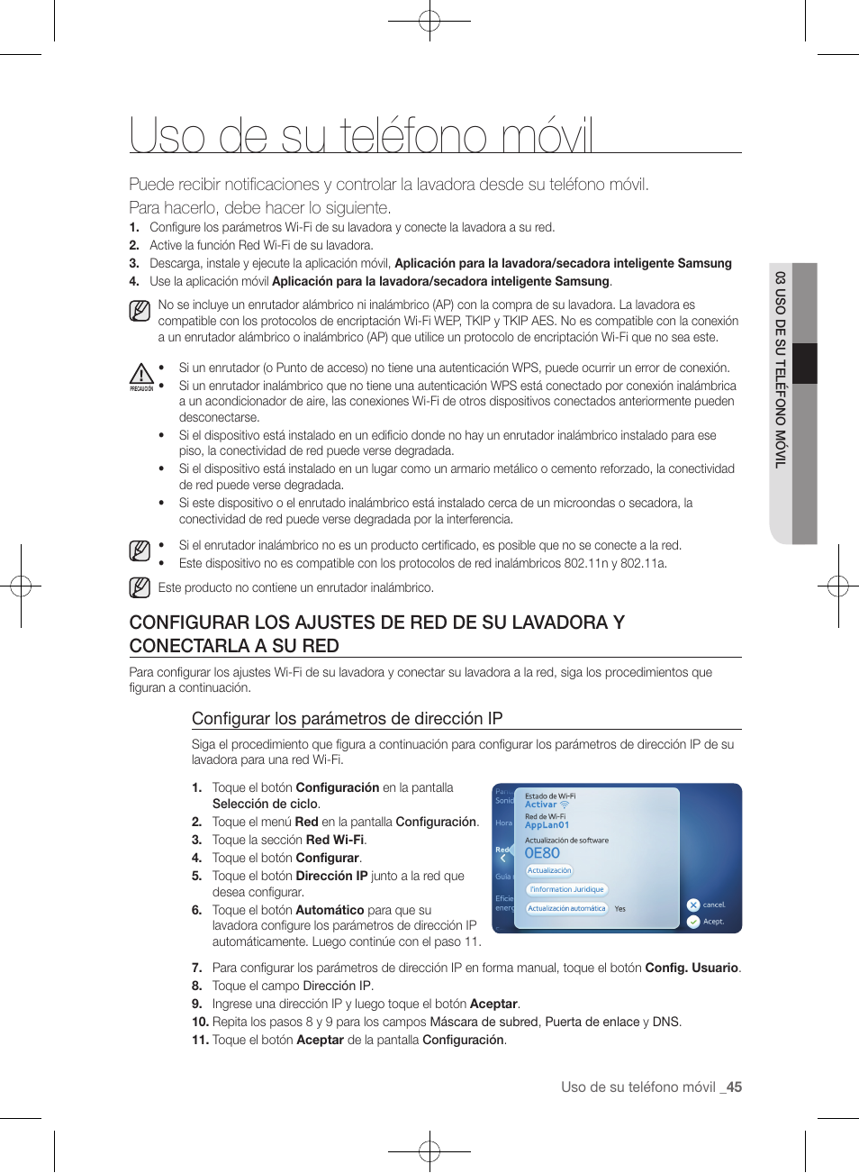 Uso de su teléfono móvil, Configurar los parámetros de dirección ip | Samsung WF457ARGSGR-AA User Manual | Page 197 / 228