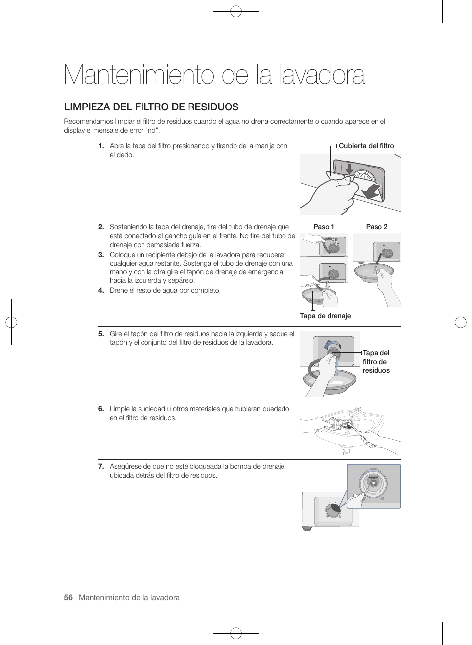 Mantenimiento de la lavadora, Limpieza del filtro de residuos | Samsung WF457ARGSGR-AA User Manual | Page 208 / 228