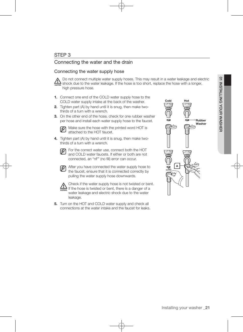 Step 3 connecting the water and the drain, Connecting the water supply hose | Samsung WF457ARGSGR-AA User Manual | Page 21 / 228