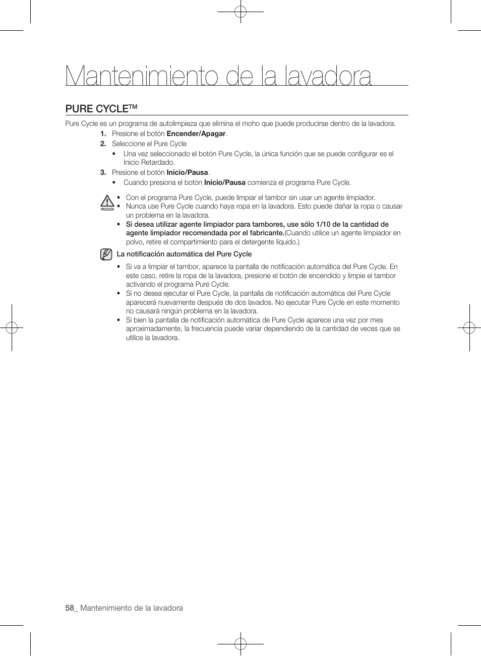 Mantenimiento de la lavadora, Pure cycle | Samsung WF457ARGSGR-AA User Manual | Page 210 / 228