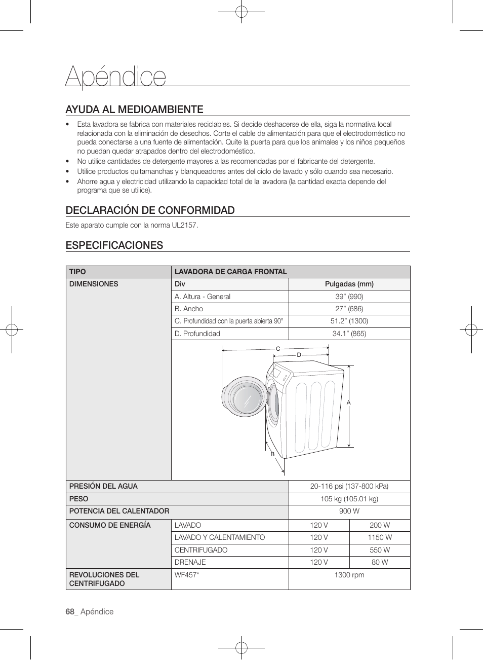 Apéndice, Ayuda al medioambiente, Declaración de conformidad | Especificaciones | Samsung WF457ARGSGR-AA User Manual | Page 220 / 228