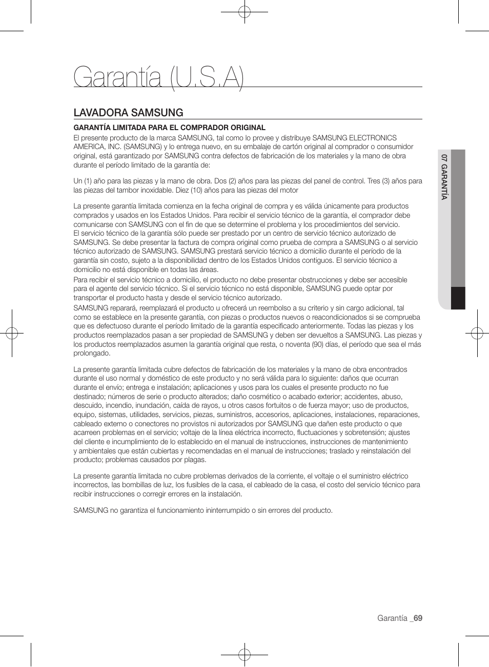 Garantía (u.s.a), Lavadora samsung | Samsung WF457ARGSGR-AA User Manual | Page 221 / 228